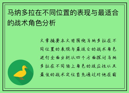 马纳多拉在不同位置的表现与最适合的战术角色分析