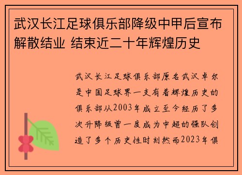 武汉长江足球俱乐部降级中甲后宣布解散结业 结束近二十年辉煌历史 武汉长江足球俱乐部降级中甲后宣布解散结业 结束近二十年辉煌历史